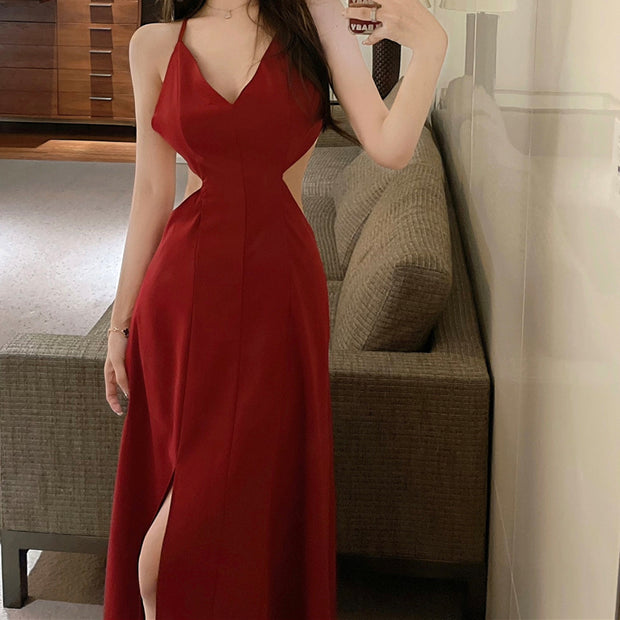 Cross v-neck cami high waist zip cocktail dress