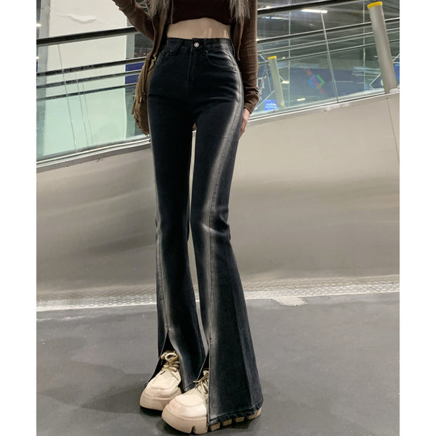 Black Stretch Slit Jeans Gradient Trousers