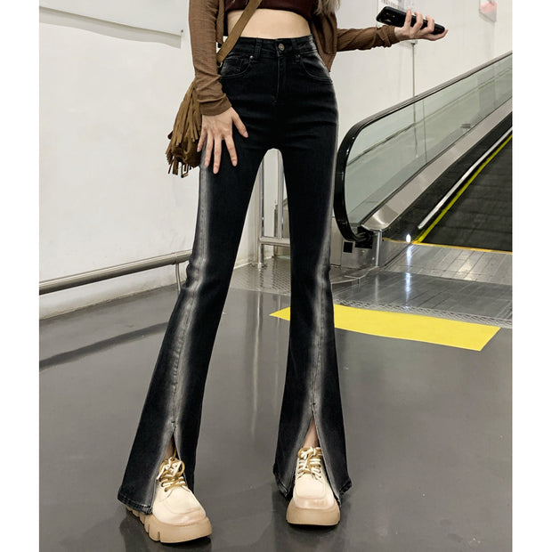 Black Stretch Slit Jeans Gradient Trousers