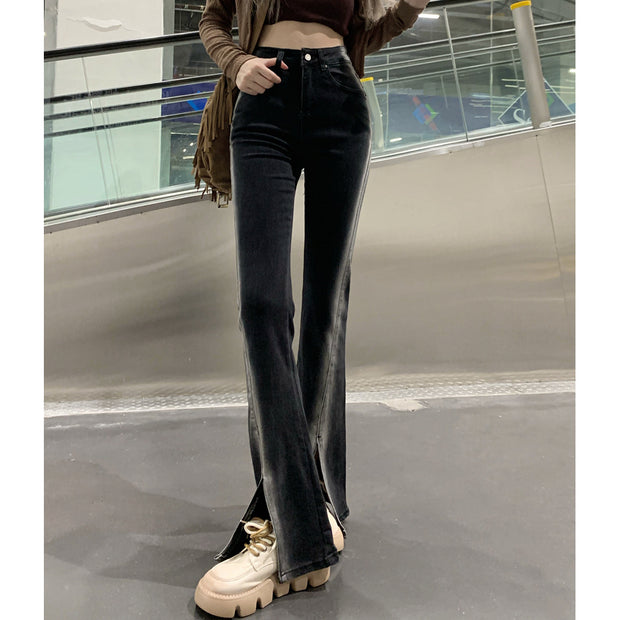 Black Stretch Slit Jeans Gradient Trousers