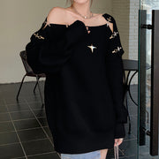 Metal Snap Hollow Knitted Long Sleeve Sweater