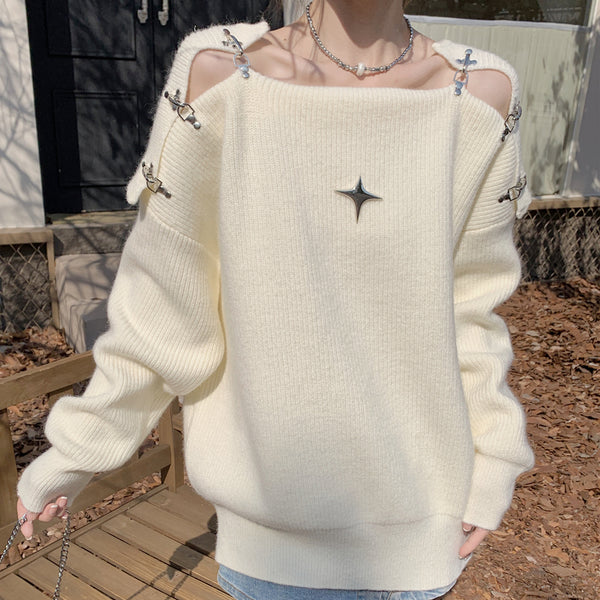 Metal Snap Hollow Knitted Long Sleeve Sweater
