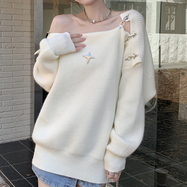 Metal Snap Hollow Knitted Long Sleeve Sweater