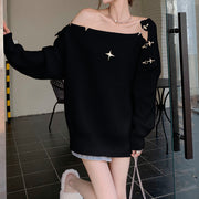 Metal Snap Hollow Knitted Long Sleeve Sweater