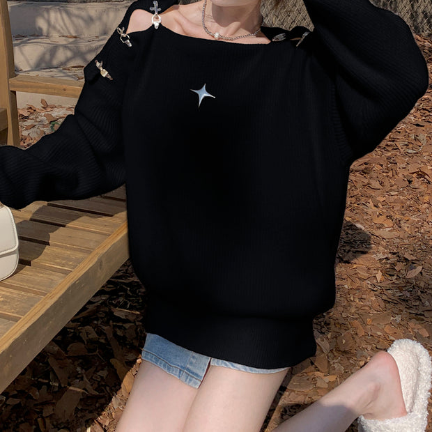 Metal Snap Hollow Knitted Long Sleeve Sweater