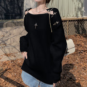Metal Snap Hollow Knitted Long Sleeve Sweater