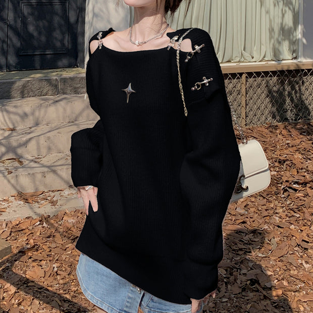 Metal Snap Hollow Knitted Long Sleeve Sweater
