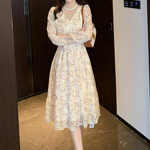 Printed Long-Sleeve Chiffon Floral Dress
