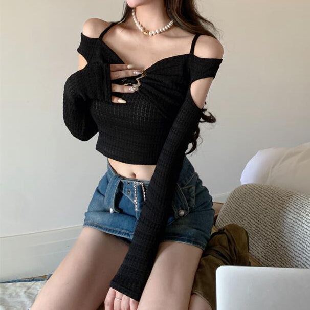 Off-shoulder butterfly button long sleeve t-shirt top