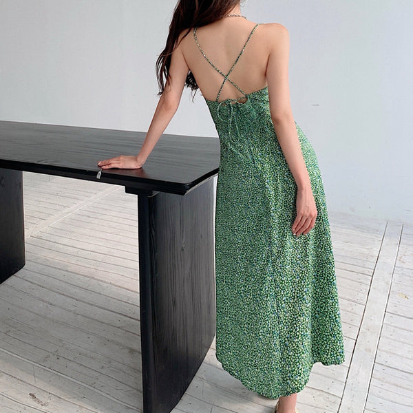 Green Retro Floral Cami Split Dress