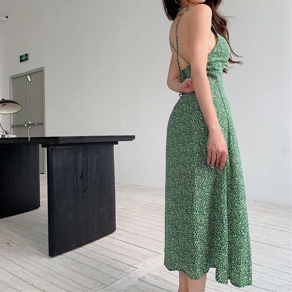 Green Retro Floral Cami Split Dress