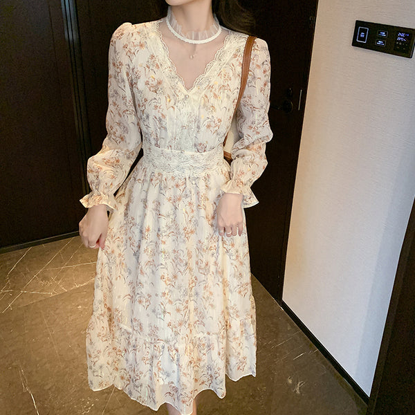 Printed Long-Sleeve Chiffon Floral Dress