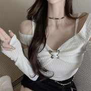 Off-shoulder butterfly button long sleeve t-shirt top