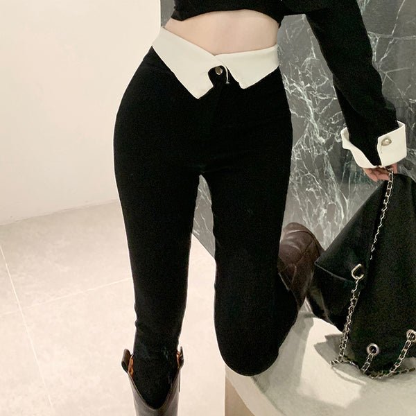 Trendy Pants Fold Up Waist Black Pull Up Trousers