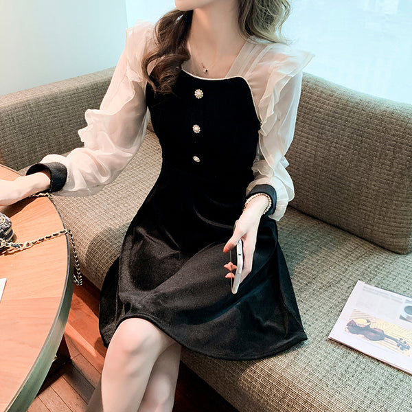 Chiffon-Paneled Velvet Long-Sleeve Dress