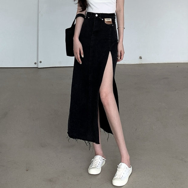 High Waist Side Slit Denim A-Line Skirt