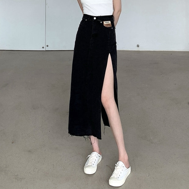High waist side slit denim a-line skirt