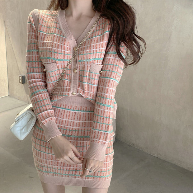 Long Sleeve Knitted Cardigan Skirt Suit