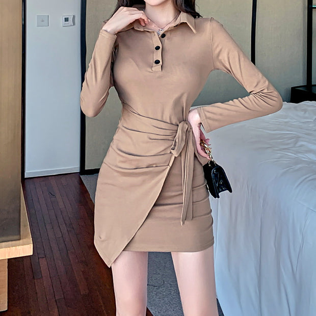 Long-Sleeve Lace-Up Cotton Short Dress