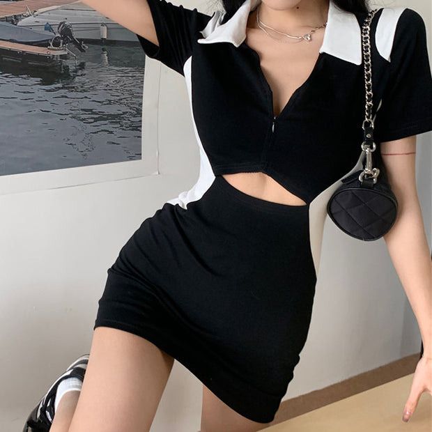 Short sleeve black hollow v-neck bodycon dress