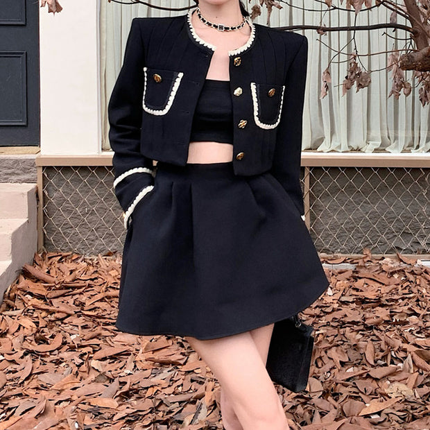 Short black coat top high waist pleated skirt set