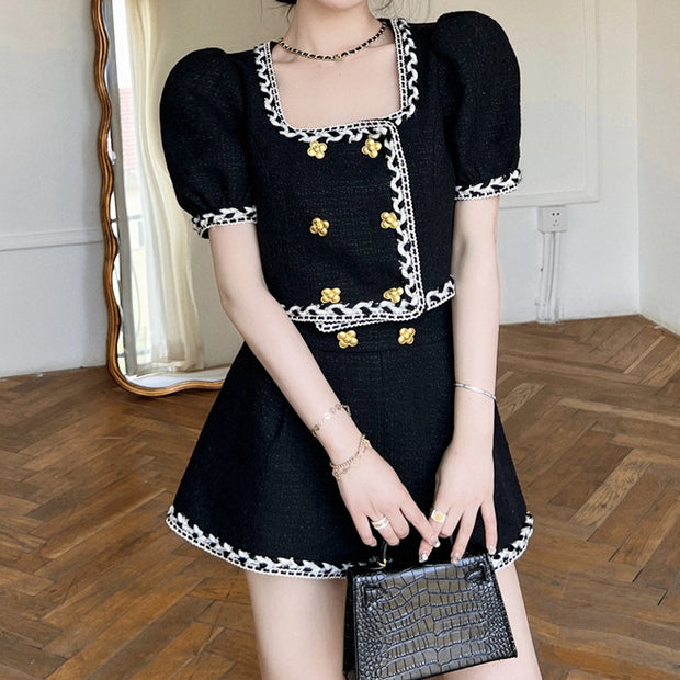 Double breasted tweed top high waist shorts set