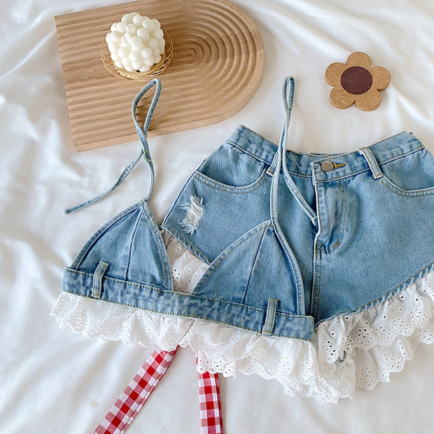 Lace-trimmed denim top elasticated waist shorts set