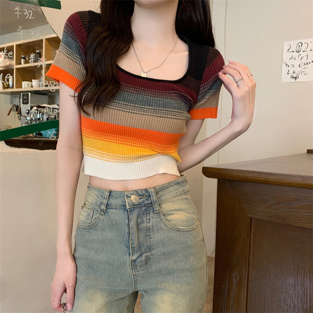 Stretch Multicolor Striped Slim Knit Top