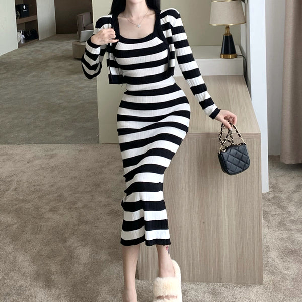 Striped Waist Long Cami Dress Knitted Cardigan Set