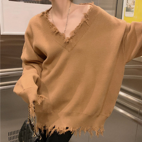 Irregular V-Neck Frayed Fringed Loose Knit Sweater