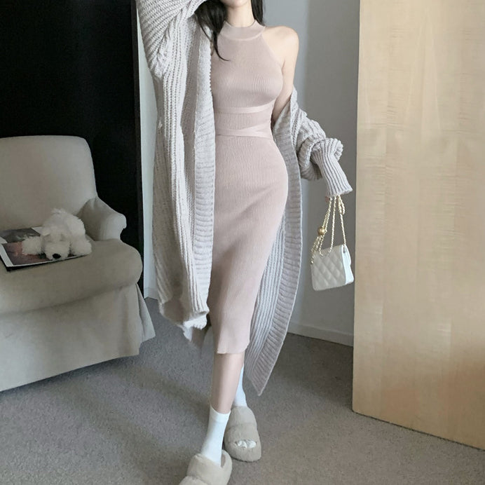 Knit Halter Dress Long Sweater Cardigan Set DRESSVY Knit Halter Dress Long Sweater Cardigan Set DRESSVY