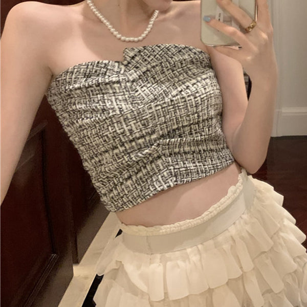 Check Pleated Tube Top Strapless Tank Top