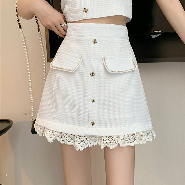 Square Neck Puff Sleeve Top Lace A-Line Skirt Set