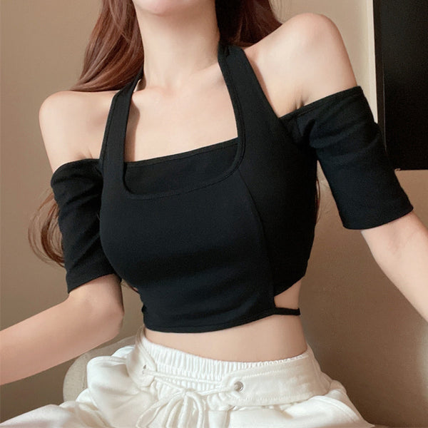 Short Sleeve Fake Two Piece Halter T-Shirt Top