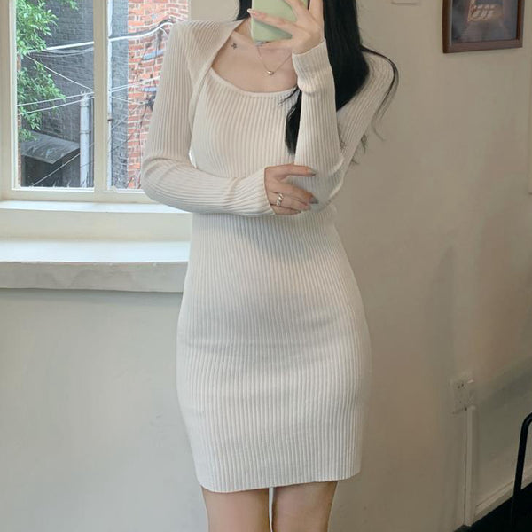 Long Sleeve Square Neck Solid Slim Fit Knit Dress