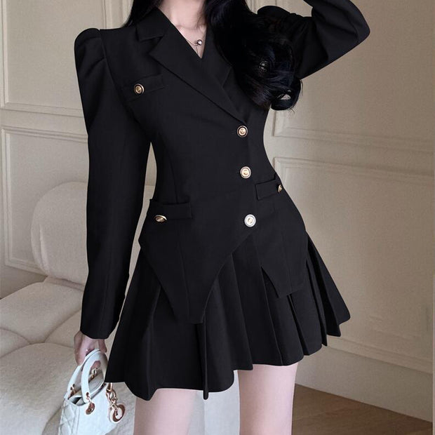 Puff Sleeve Fake Two Piece Irregular Pleated Suit Dress