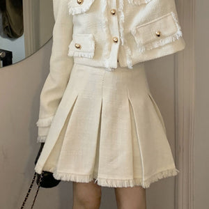 Fringed Single-Breasted Coat Top Pleated Skirt Set