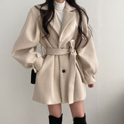 Warm Woolen Coat With Lantern Sleeves And Belt