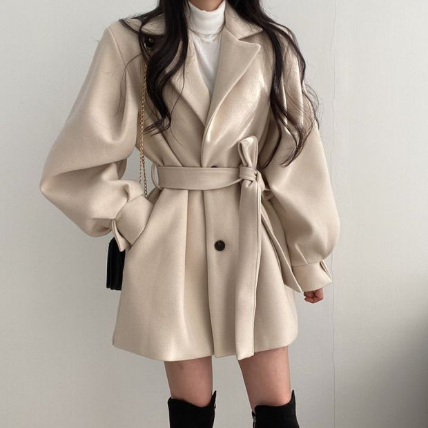 Warm Woolen Coat With Lantern Sleeves And Belt