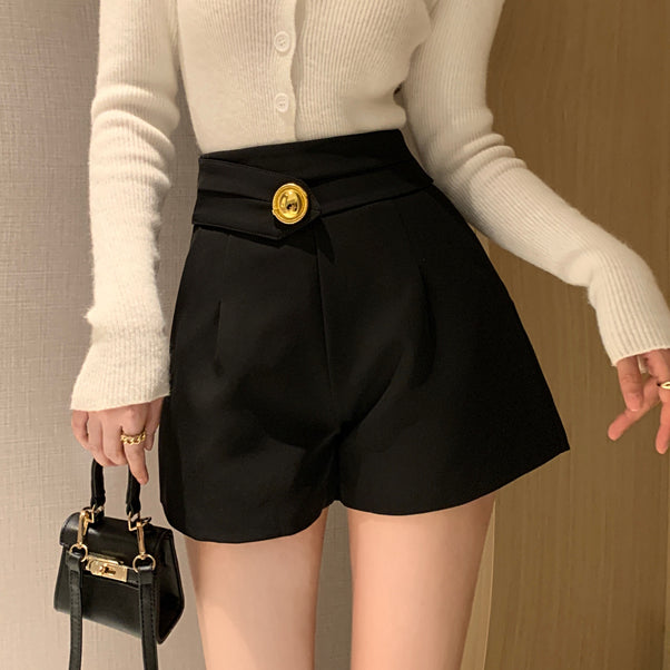 High Waist Casual Pocket Wide Leg Suit Shorts