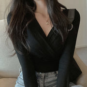 V-Neck Sexy Long-Sleeved Short T-Shirt Top
