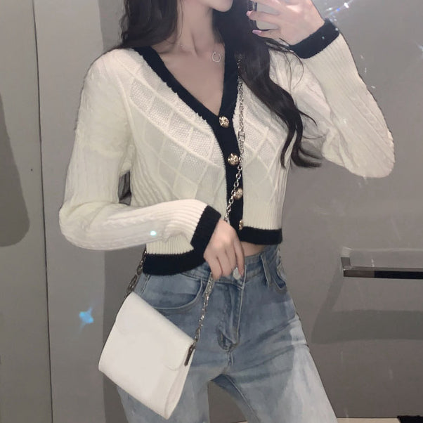 Vintage v-neck single-breasted knit short cardigan