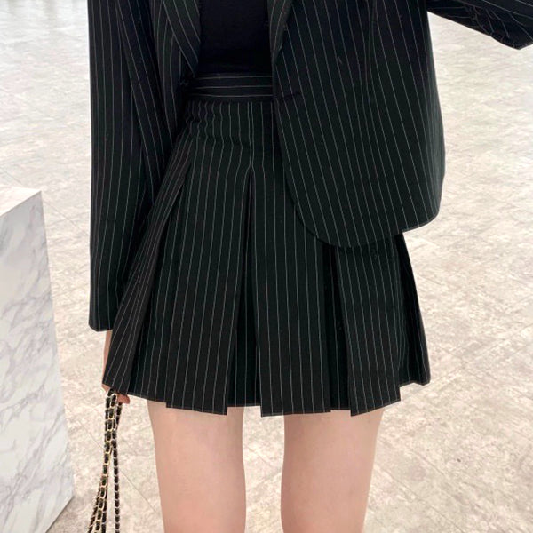 Long Sleeve Striped Blazer Top Pleated Skirt Set