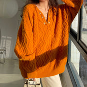 Twist V-Neck Loose Long-Sleeve Knitted Sweater