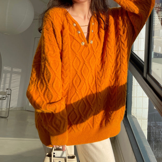 Twist V-Neck Loose Long-Sleeve Knitted Sweater