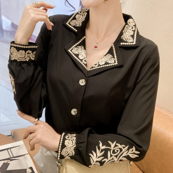 Embroidered Suit Collar Long Sleeve Chiffon Shirt Top