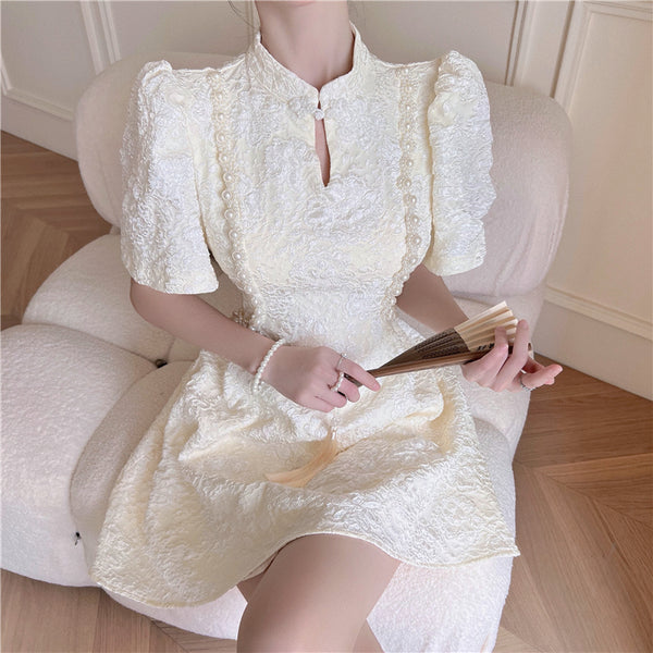 Pearl Jacquard Short-Sleeved Qipao Retro Dress