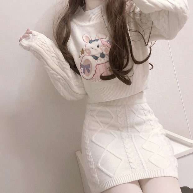 Twist Long Sleeve Rabbit Sweater Knit Skirt Set