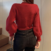 V-neck puff sleeve warm knitted sweater top