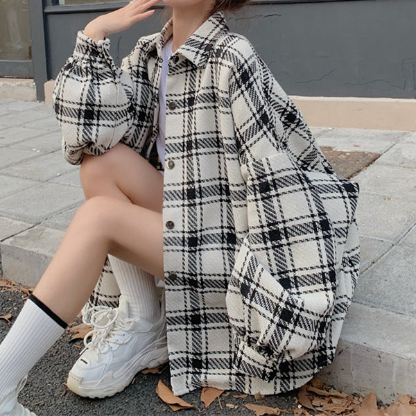 Plaid loose long sleeve polo collar shirt top